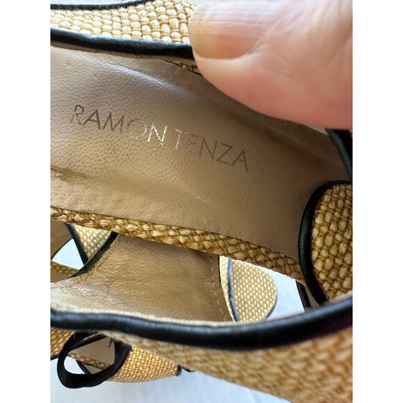 Ramon Tenza Spain Raffia Slingback Heels Peep Toe Black Trim Resort Wedding 7 - Picture 11 of 11
